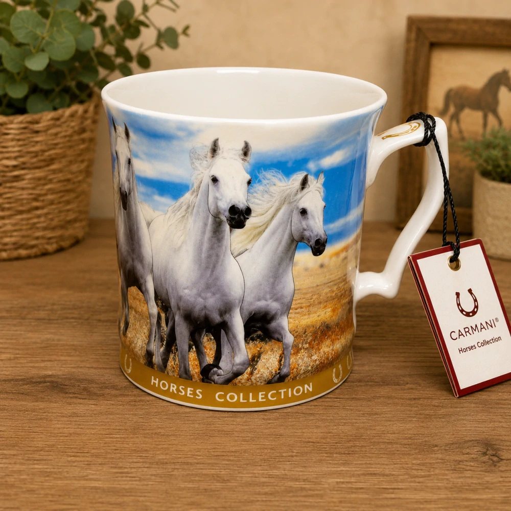 ☕🐎 Carmani – Porcelánový hrnek Bílé koně v dárkové krabičce, 480 ml 🐎☕