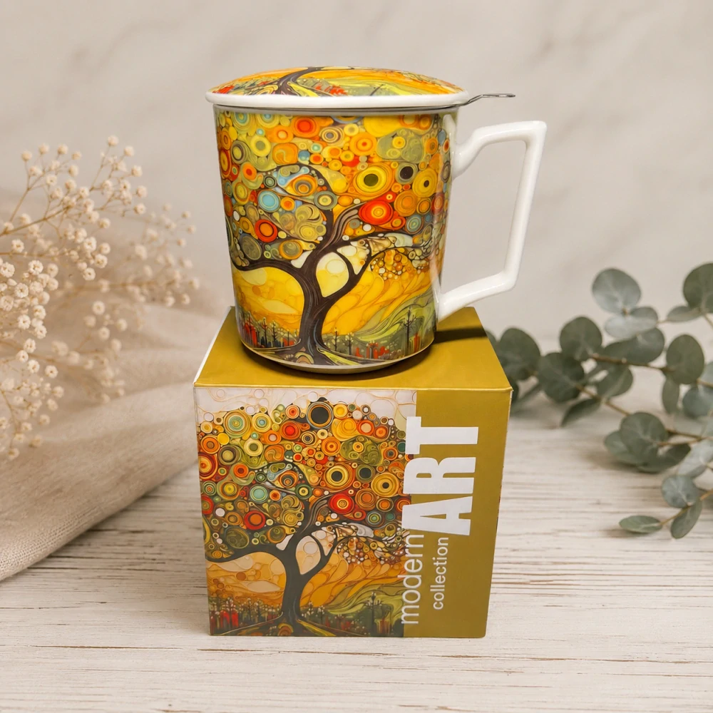 🍵🌳 Porcelánový hrnek se sítkem a víčkem – Strom života 🌳🍵