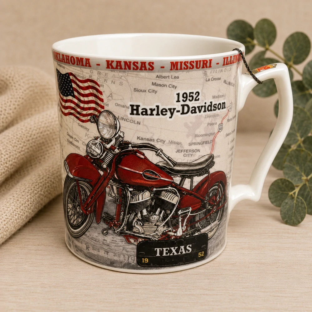 🏍️☕ Porcelánový hrnek Harley-Davidson v dárkovém balení – plechová pokladnička 🇺🇸🛣️