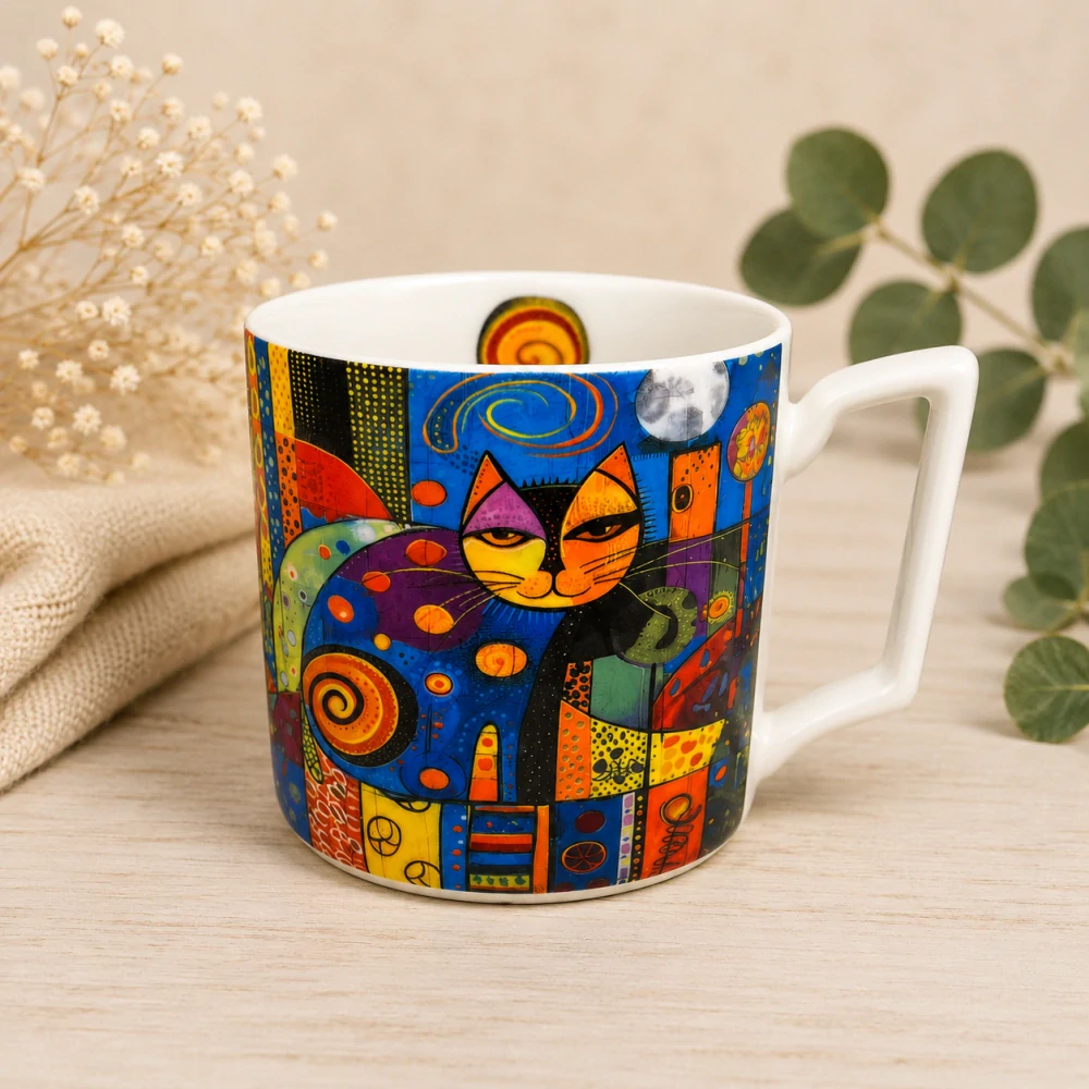 🐱☕ Dárkový porcelánový hrnek – barevná kočka 🎁🎨