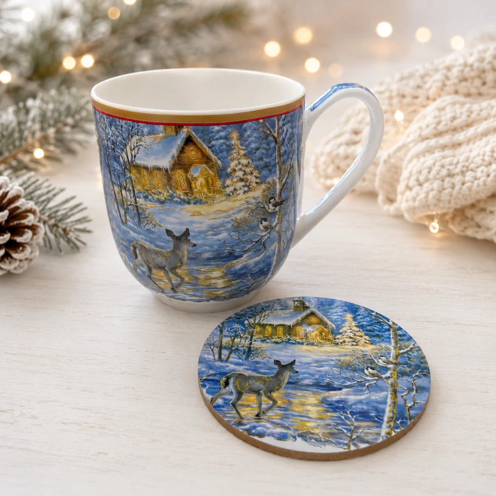 🎄☕ Vánoční hrnek s podtáckem Carmani – Zimní krajina, 470 ml ❄️🦌