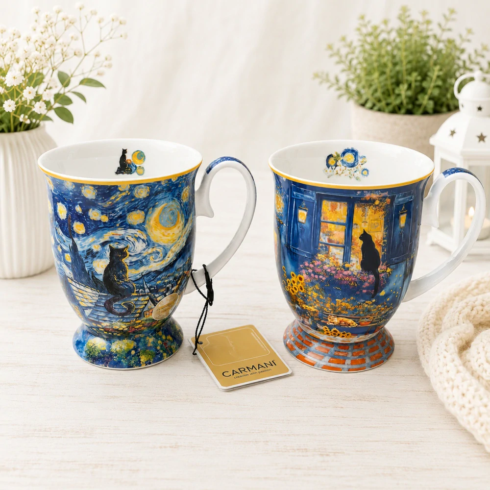 🎨💙 Dárková sada 2 porcelánových šálků ve tvaru srdce – inspirováno Vincentem van Goghem ❤️☕
