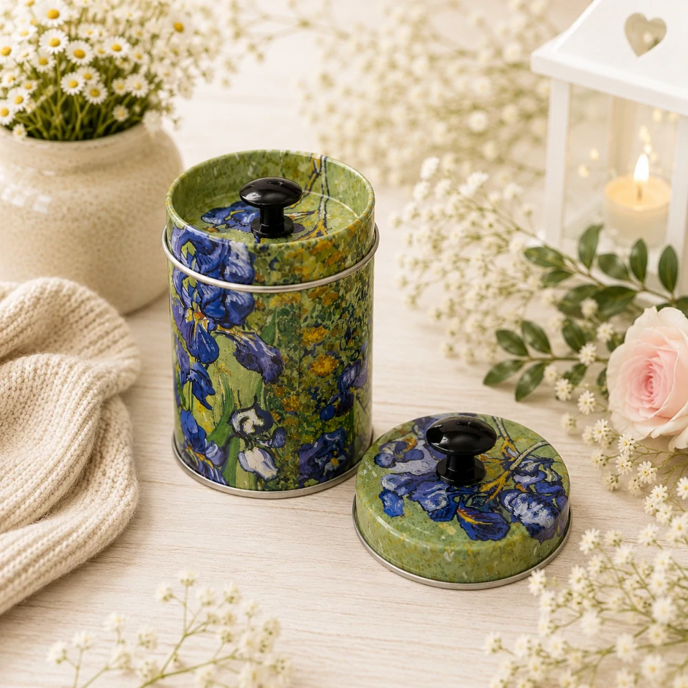🎨☕ Plechová dóza na kávu, čaj nebo cukr – motiv Vincent van Gogh – Kosatce 💙🌿