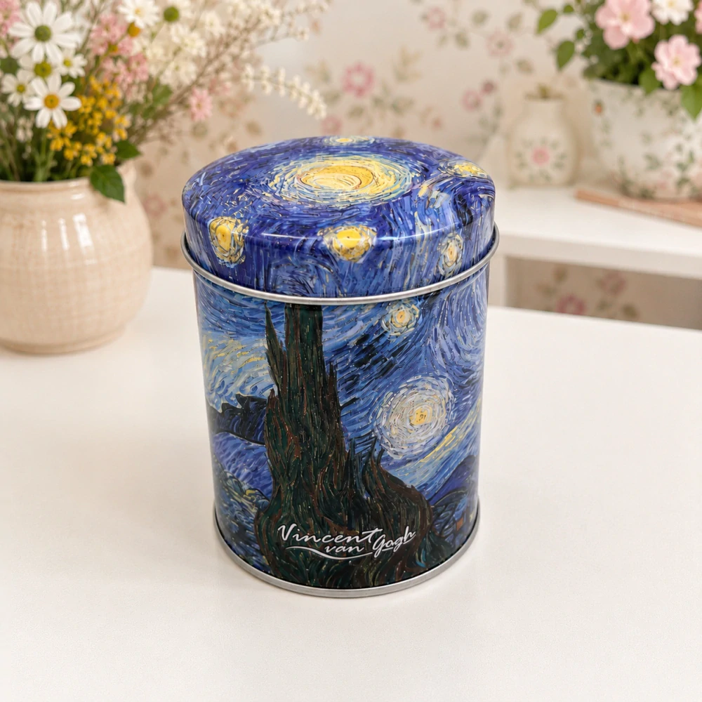 🎨☕ Plechová dóza na kávu, čaj nebo cukr – motiv Vincent van Gogh – Hvězdná noc 🌙✨
