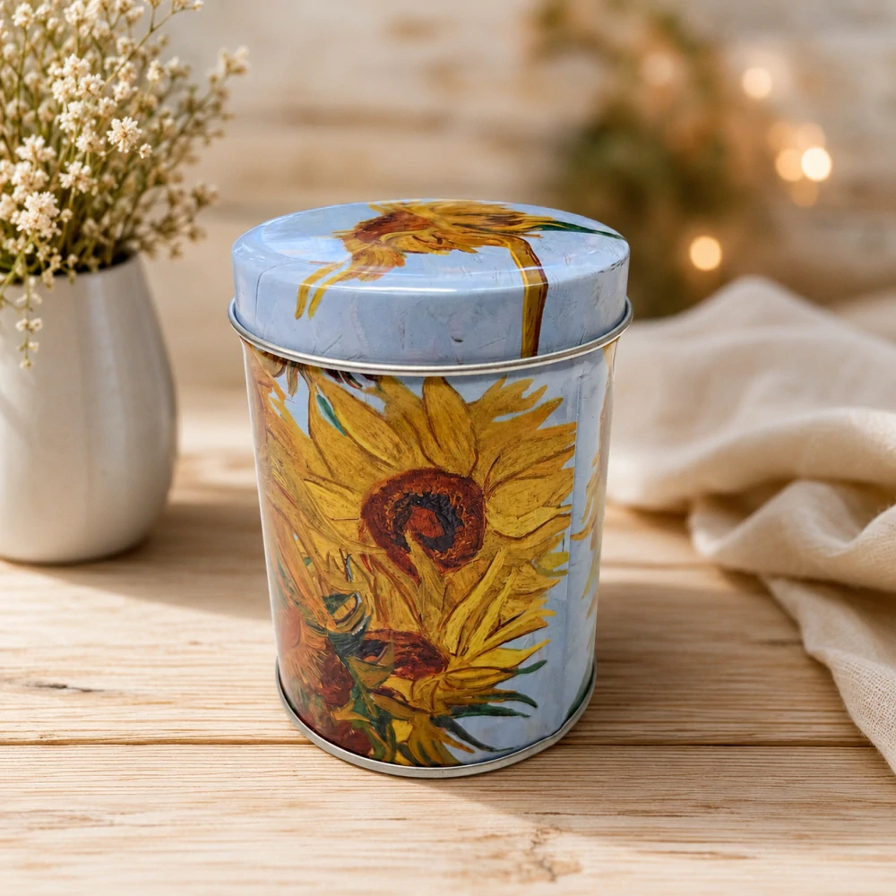 🌻☕ Plechová dóza na kávu, čaj nebo cukr – motiv Vincent van Gogh – Slunečnice 🎨💛