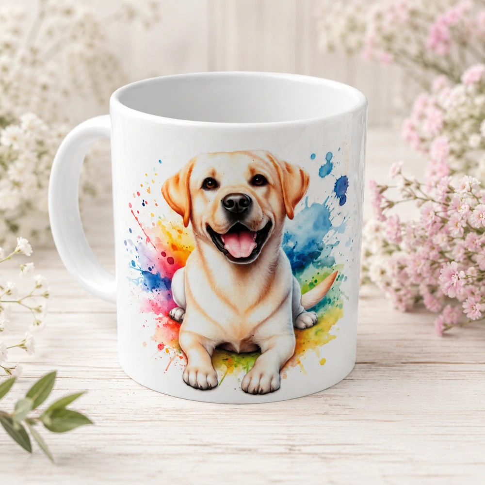 🐶☕ Porcelánový hrnek s motivem veselého labradora – cca 300 ml 🌈💛