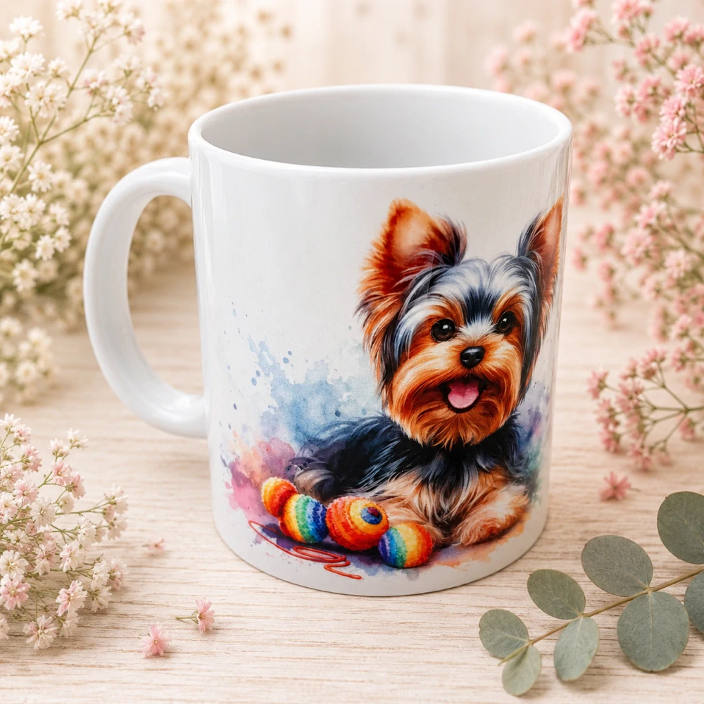 🐶☕ Porcelánový hrnek s motivem jorkšírského teriéra – cca 300 ml 💙🌈