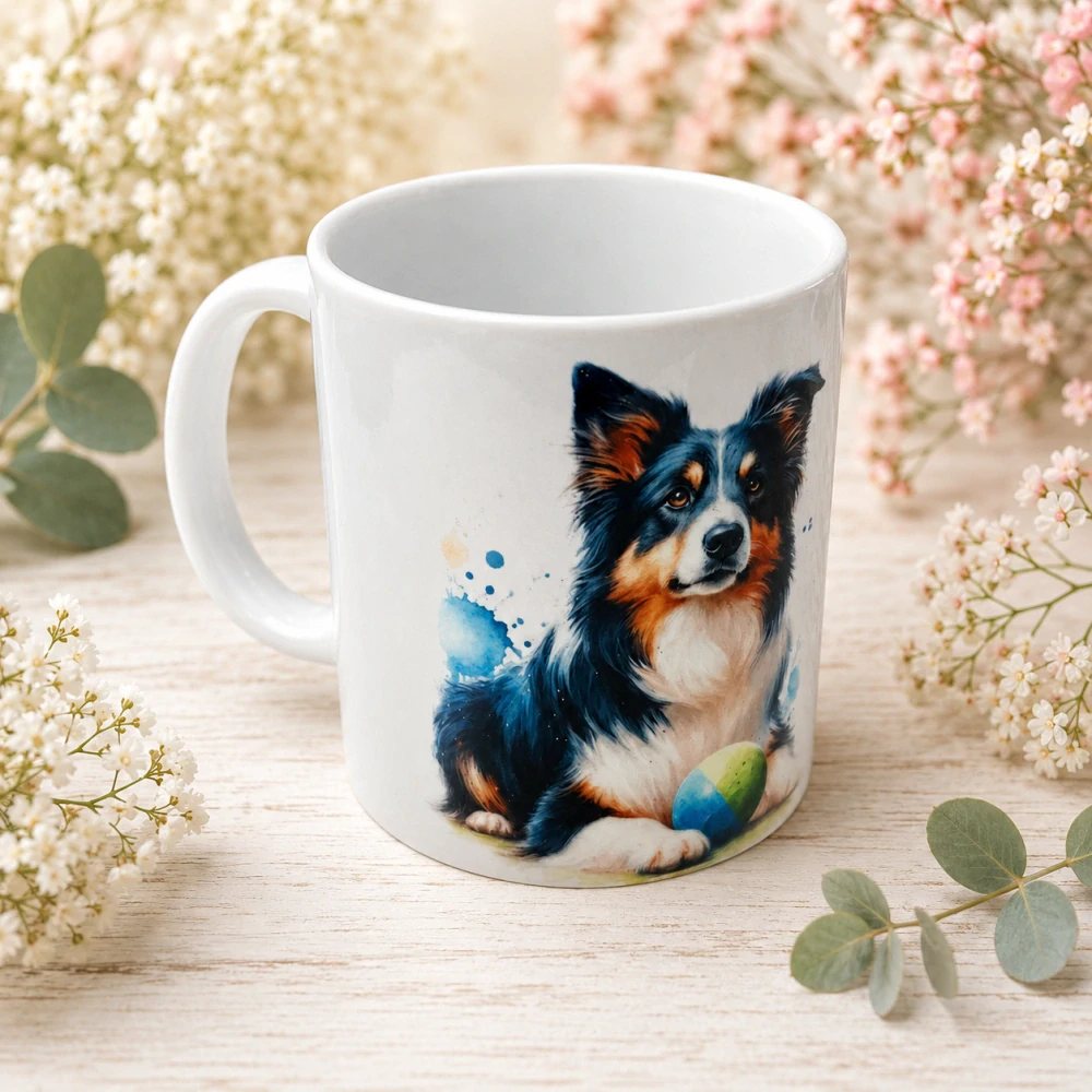 🐶☕ Porcelánový hrnek s motivem australského ovčáka – cca 300 ml 🌈💙