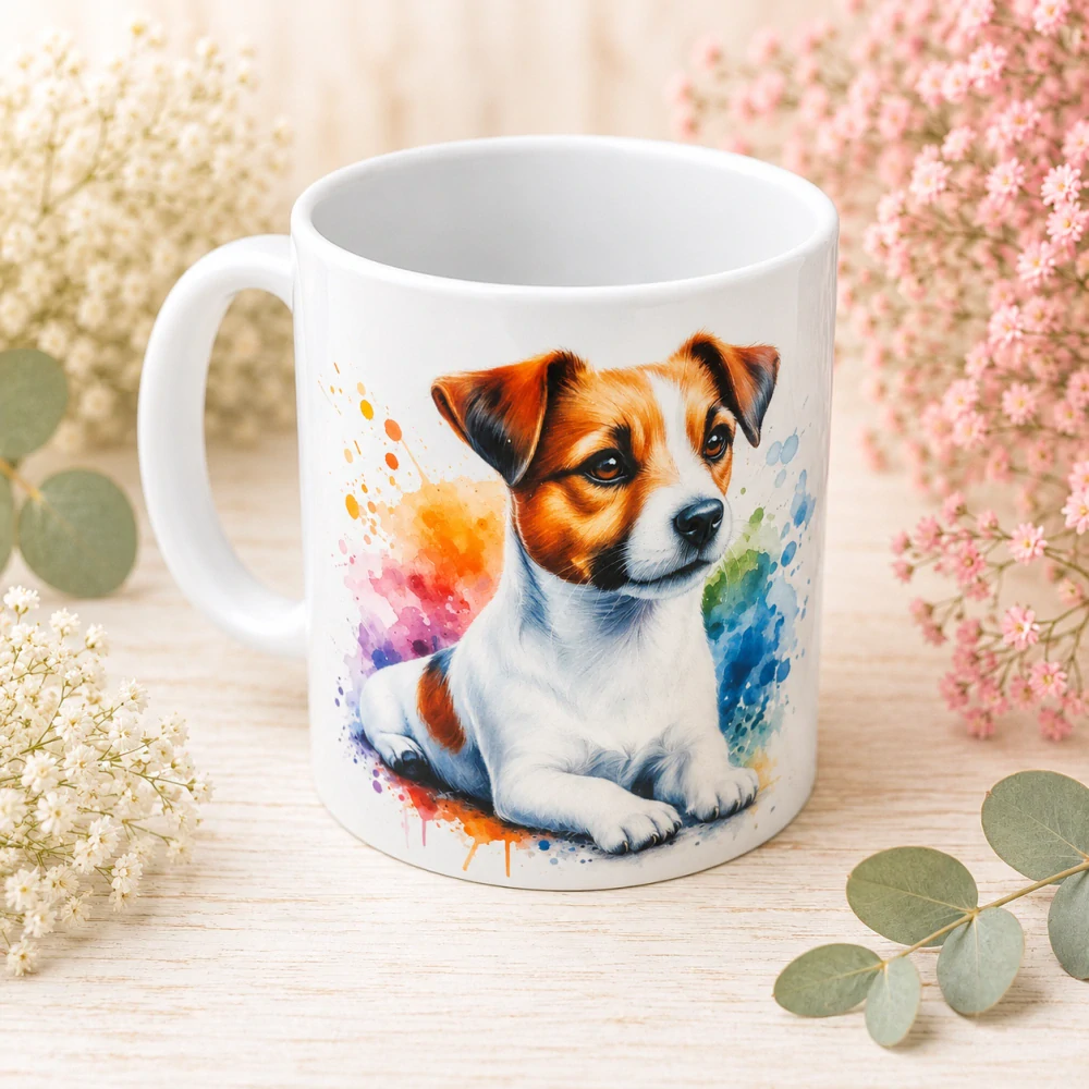🐶☕ Porcelánový hrnek s motivem Jack Russell teriéra – cca 300 ml 🌈🤍