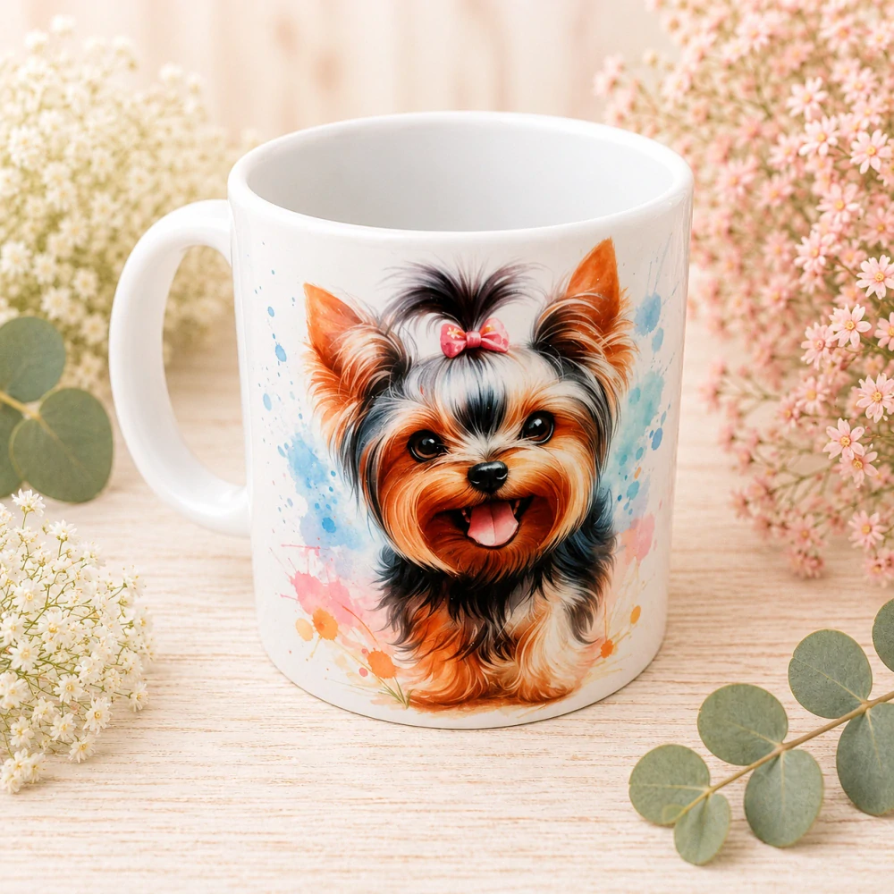 🐶☕ Porcelánový hrnek s motivem jorkšírského teriéra – cca 300 ml 💗🌸
