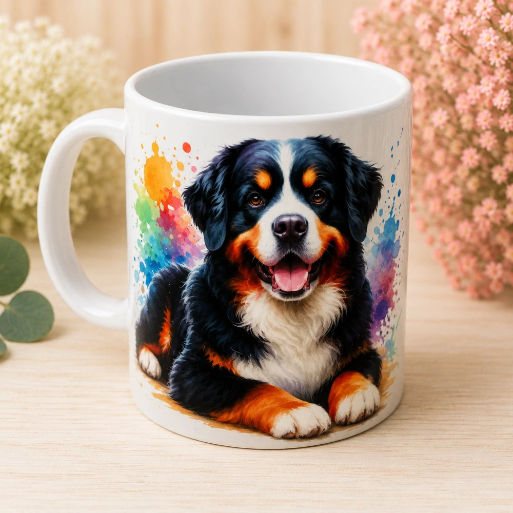 🐶☕ Porcelánový hrnek s motivem bernského salašnického psa – cca 300 ml 🌈🖤🤎🤍