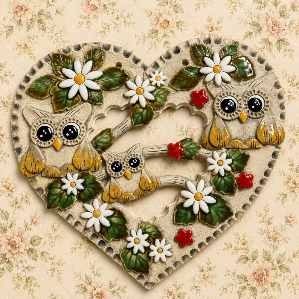 🦉🌼 Keramické srdce se sovičkami k zavěšení 🌼🦉