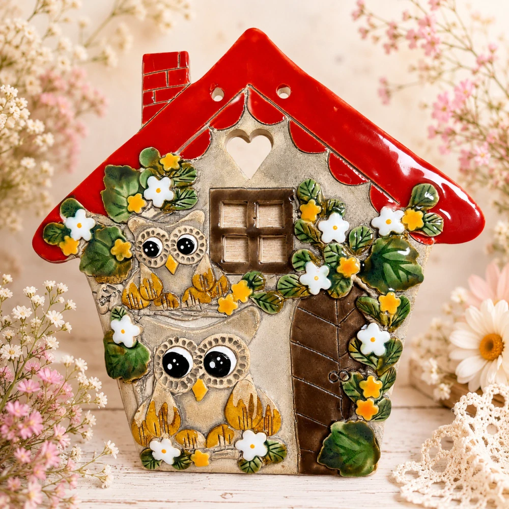 🏡🦉 Keramický domeček se sovičkami k zavěšení 🌼