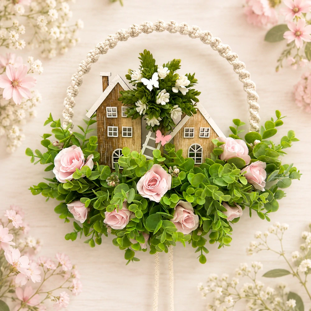 🏡🌸 Jemná závěsná dekorace s domečky a růžemi 🌸🏡