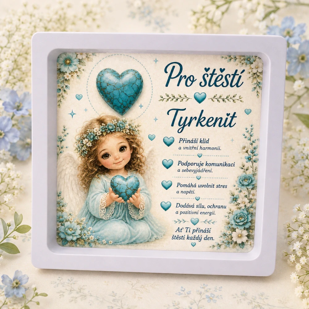 💙 Dárkový rámeček Pro štěstí s minerálním srdíčkem – Tyrkenit – mix dárkových kartiček 💙