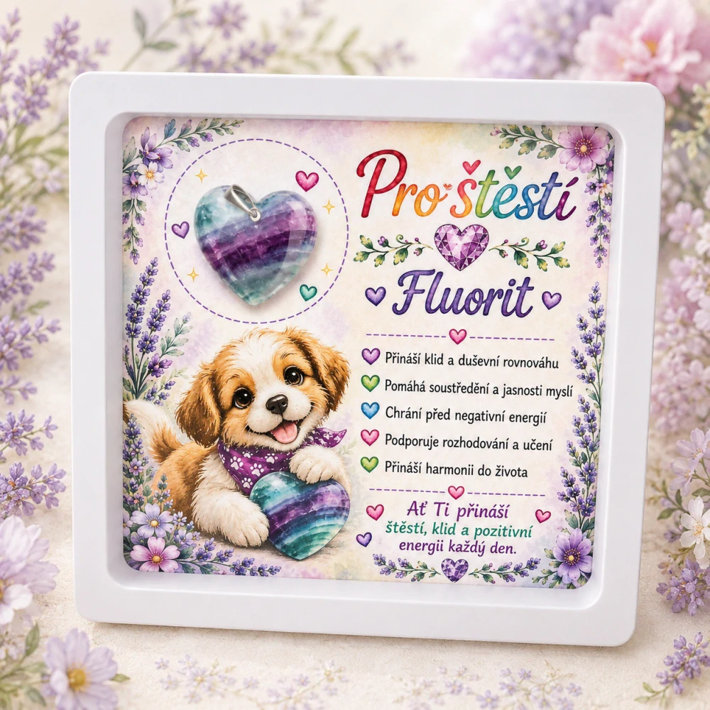 Dárkový rámeček Pro štěstí s minerálním srdíčkem – Fluorit – mix dárkových kartiček 💜