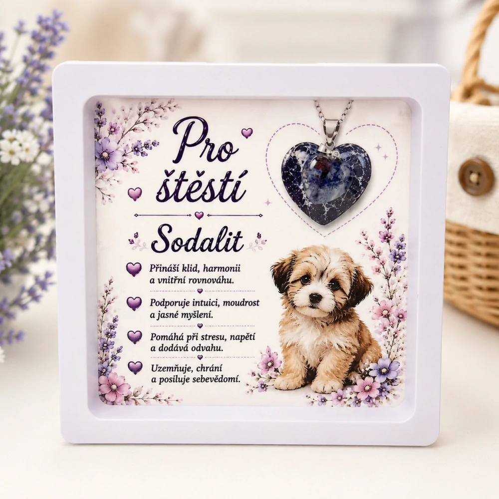 Dárkový rámeček Pro štěstí s minerálním srdíčkem – Sodalit – mix dárkových kartiček 💙