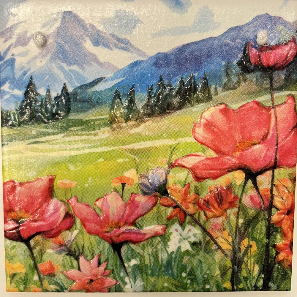 🌺🏔️ Keramická dlaždice zdobená technikou Decoupage 3D 🏔️🌺