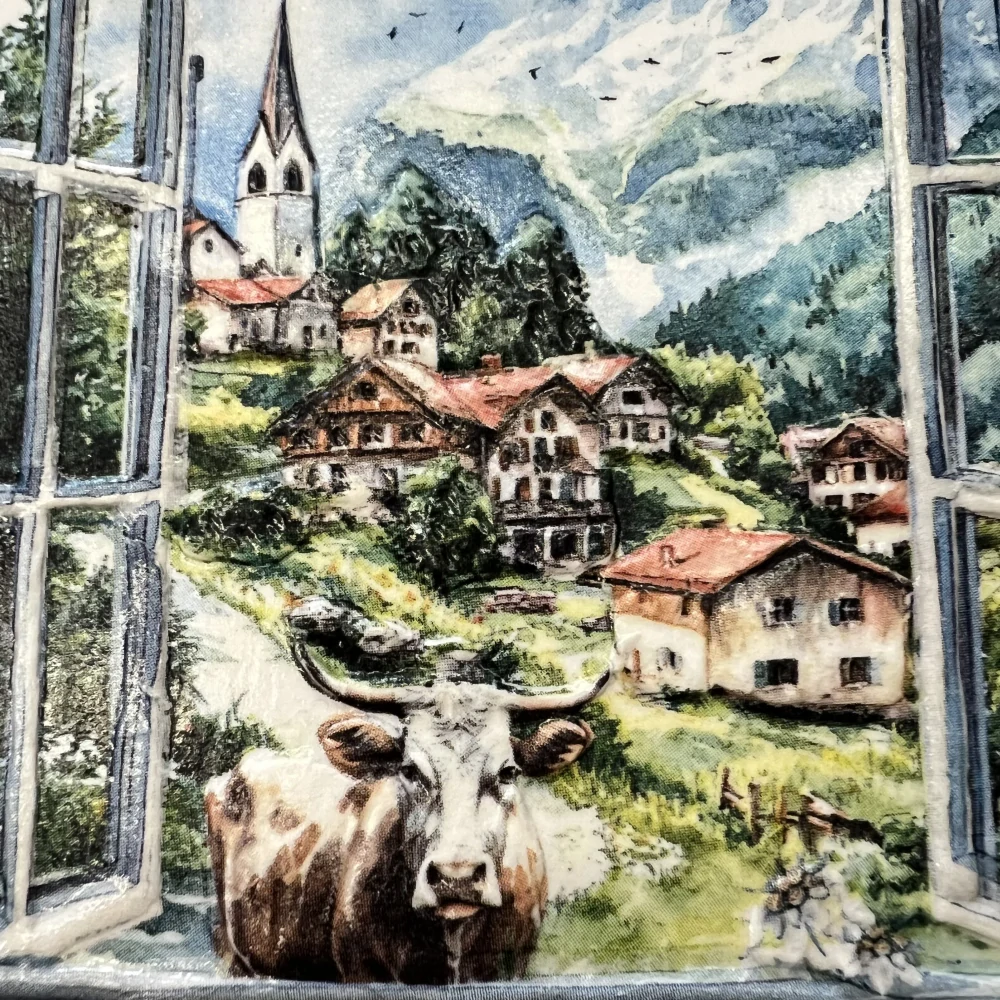 🏔️🐄 Keramická dlaždice zdobená technikou Decoupage 3D 🐄🏔️