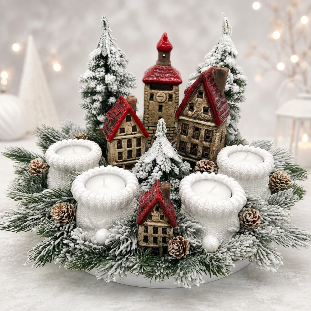 🎄✨ Adventní svícen s keramickými domečky a osvětlením ✨🎄
