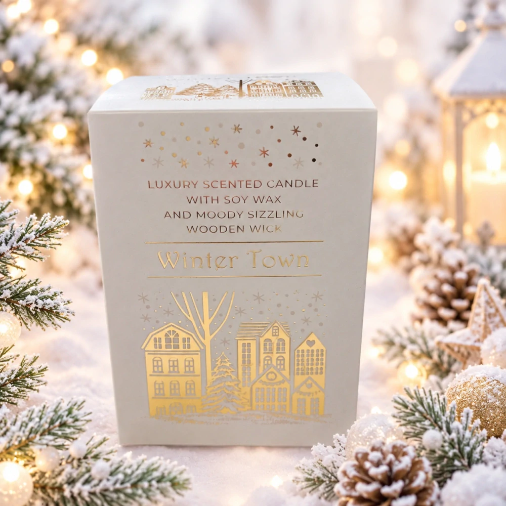 🕯️ Vonná svíčka Winter Town – sójový vosk, dřevěný knot