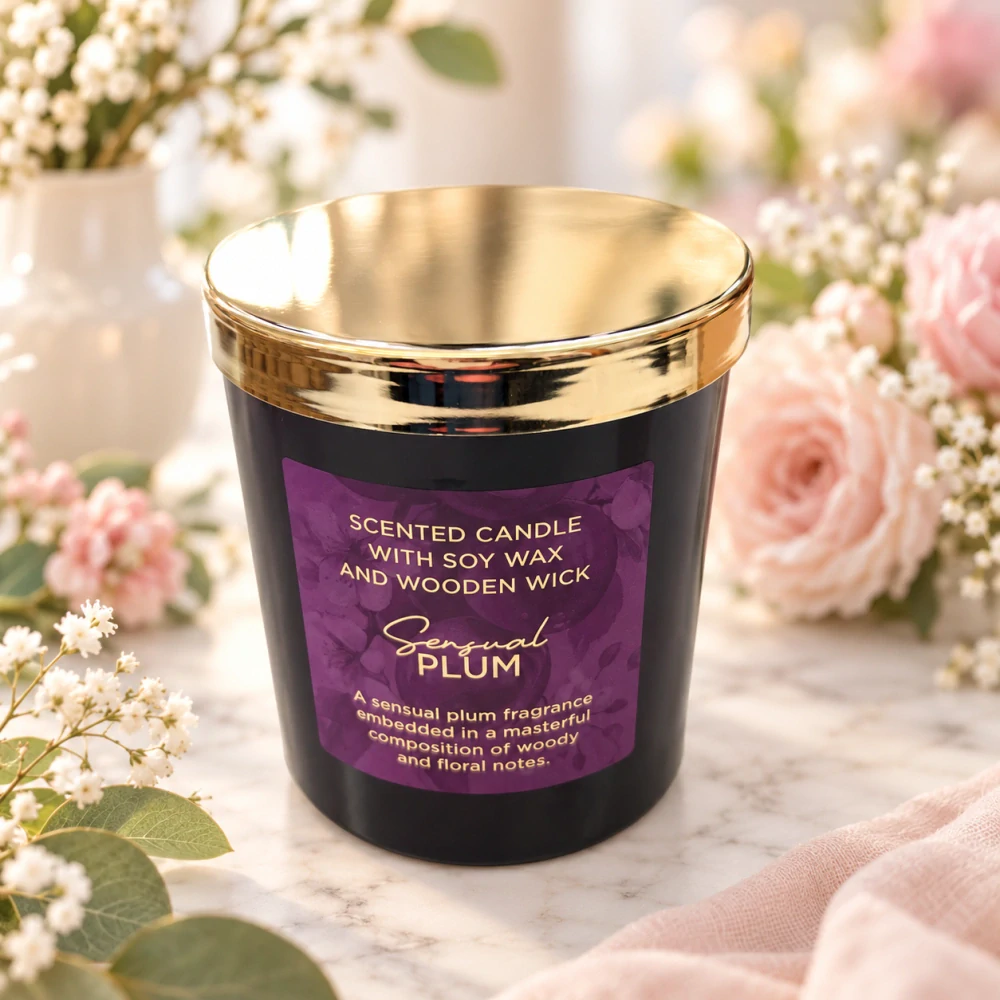 🕯️ Vonná svíčka Sensual Plum – sójový vosk & dřevěný knot