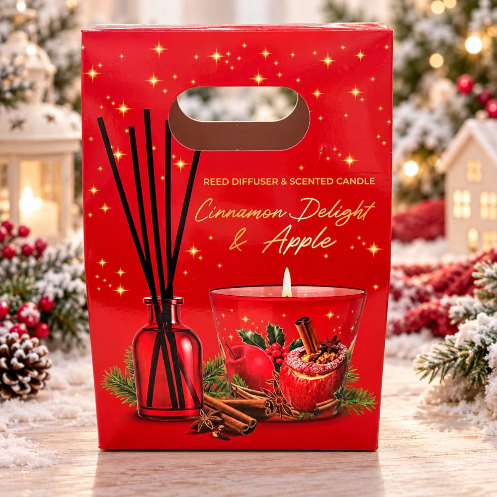 🎄 Dárková sada svíčka + aroma difuzér – Cinnamon Delight & Apple 🍎✨