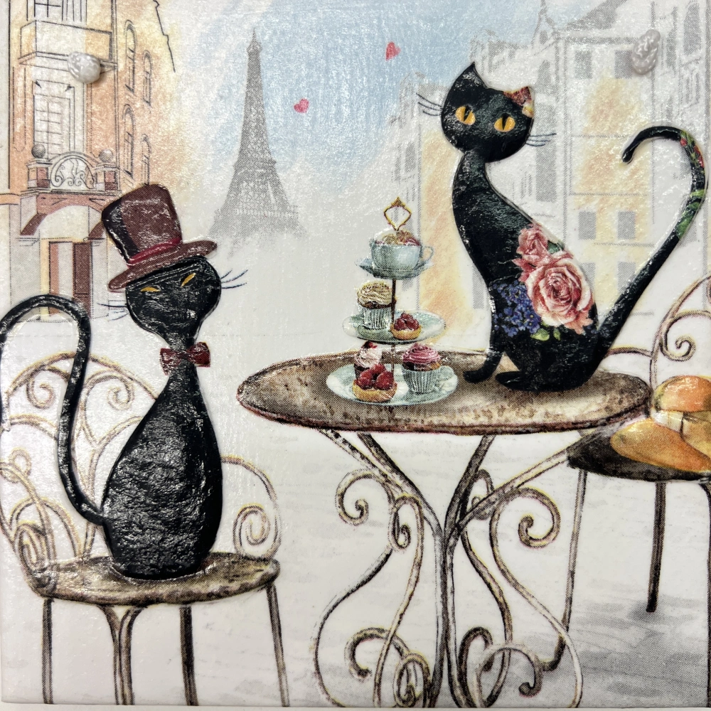 🐈‍⬛🌸 Keramická dlaždice – Kočičky v Paříži ☕🗼