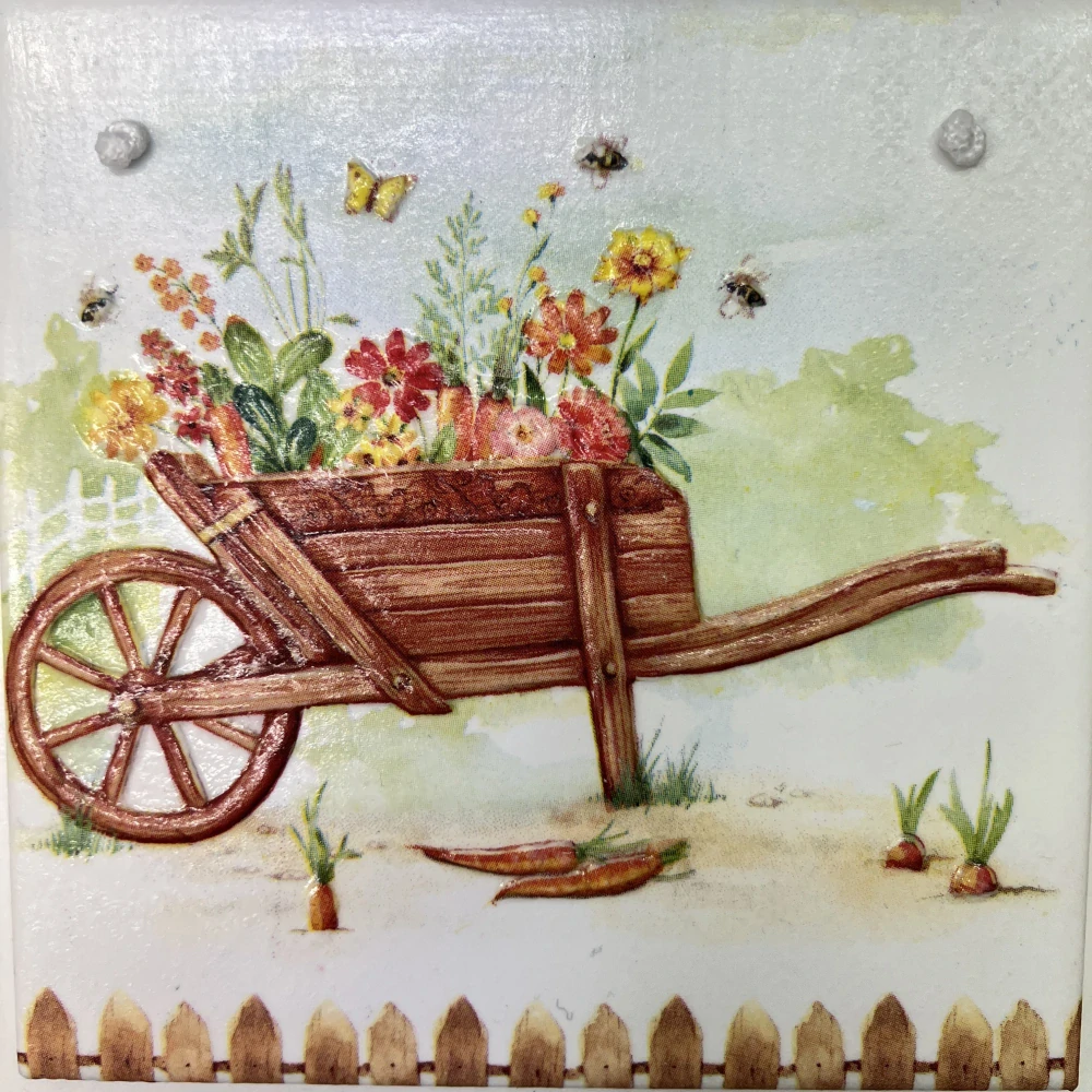 🌼🐝 Keramická dlaždice – Trakař plný květin 🦋🌿