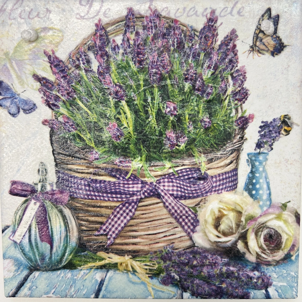 💜🦋 Keramická dlaždice – Košík plný levandule 🌿✨