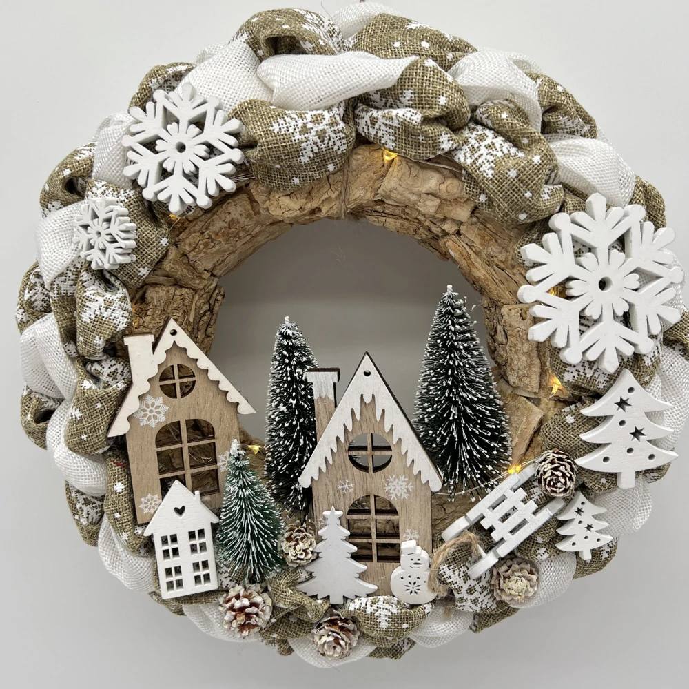 🏡❄️ Zimní věnec s domečky a LED osvětlením