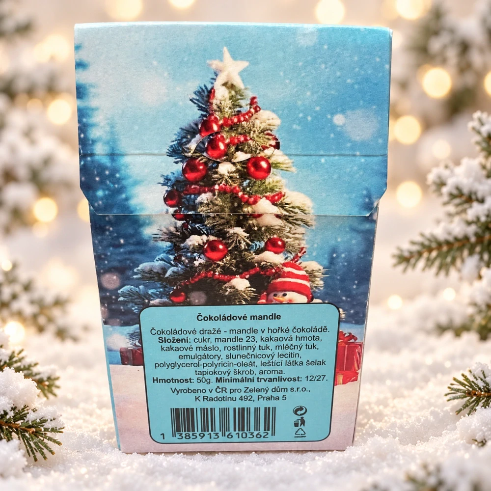 🎄🍫 Čokoládové mandle – Šťastné a veselé se stromečkem, 50 g