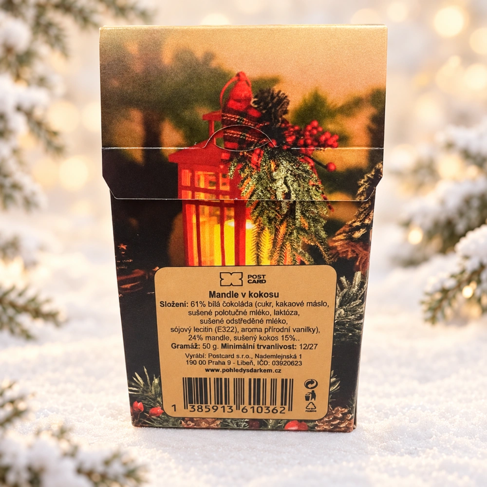 🎄🥥 Mandle v kokosu – Šťastné a veselé s červenou lucernou, 50 g