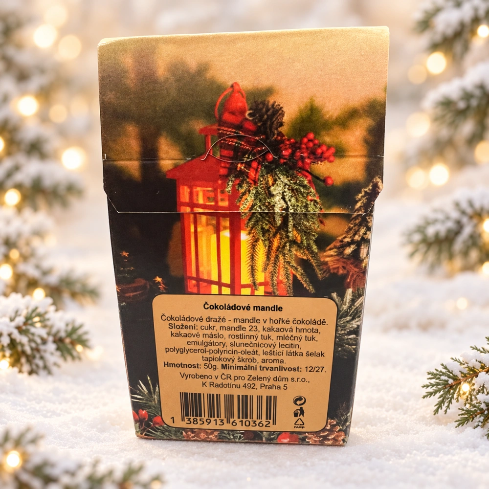 🎄🍫 Čokoládové mandle – Šťastné a veselé s červenou lucernou, 50 g