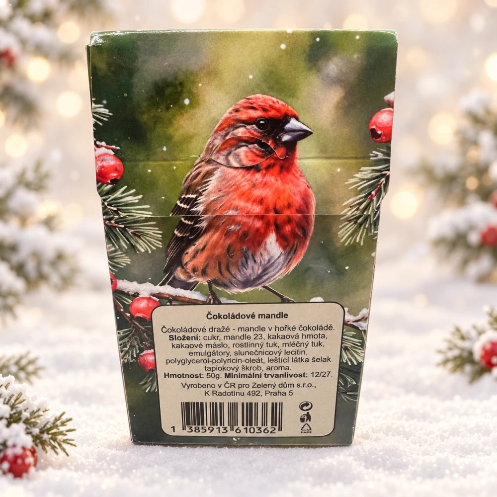 🎄🍫 Čokoládové mandle – Šťastné a veselé s ptáčkem, 50 g