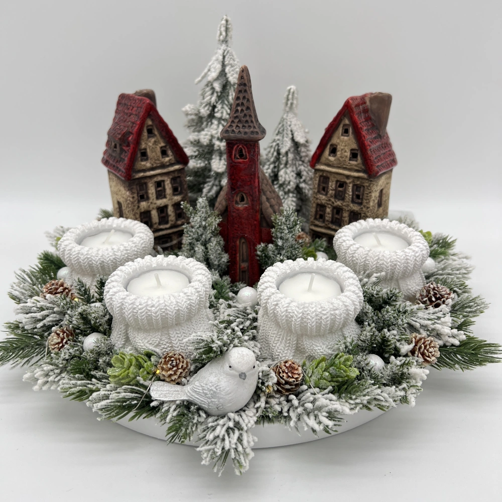 🎄🏘️ Adventní věnec s keramickými domečky a LED osvětlením ✨