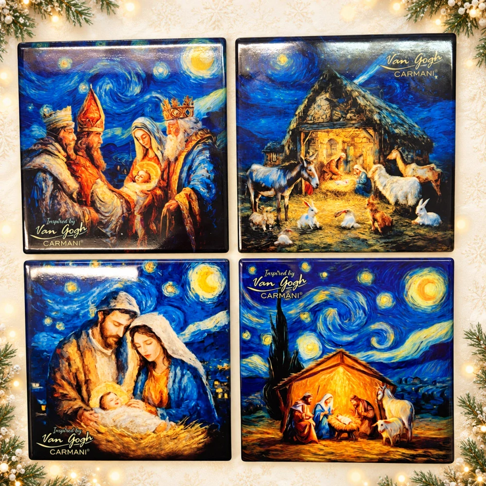 🎄✨ Sada 4 keramických podtácků CARMANI – Vánoční betlém