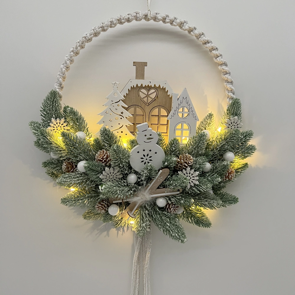🏡❄️ Závěsná zimní dekorace s domečky, sněhulákem a LED osvětlením