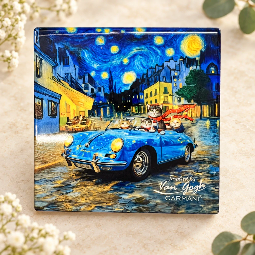 🐱🌟 Sada 2 keramických podtácků CARMANI – kočičí výlety ve stylu Van Gogha