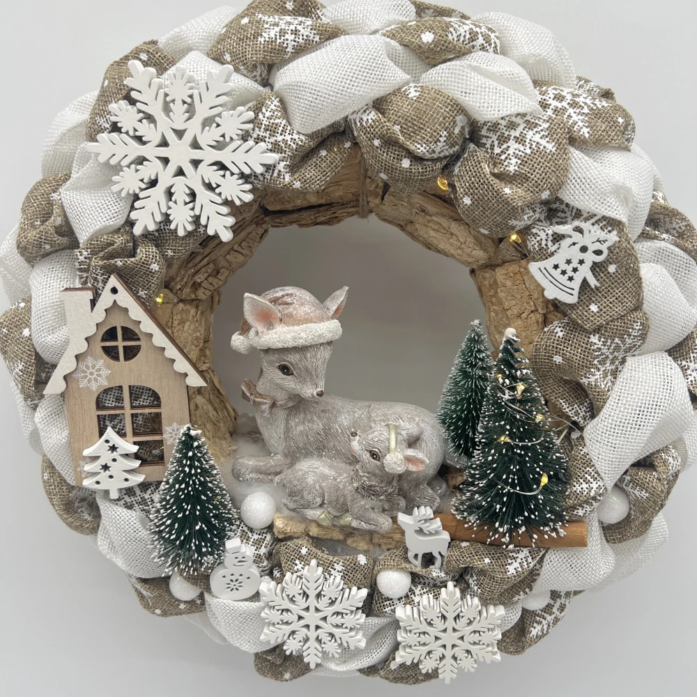 🦌❄️ Vánoční svítící věnec – srnka s kolouškem