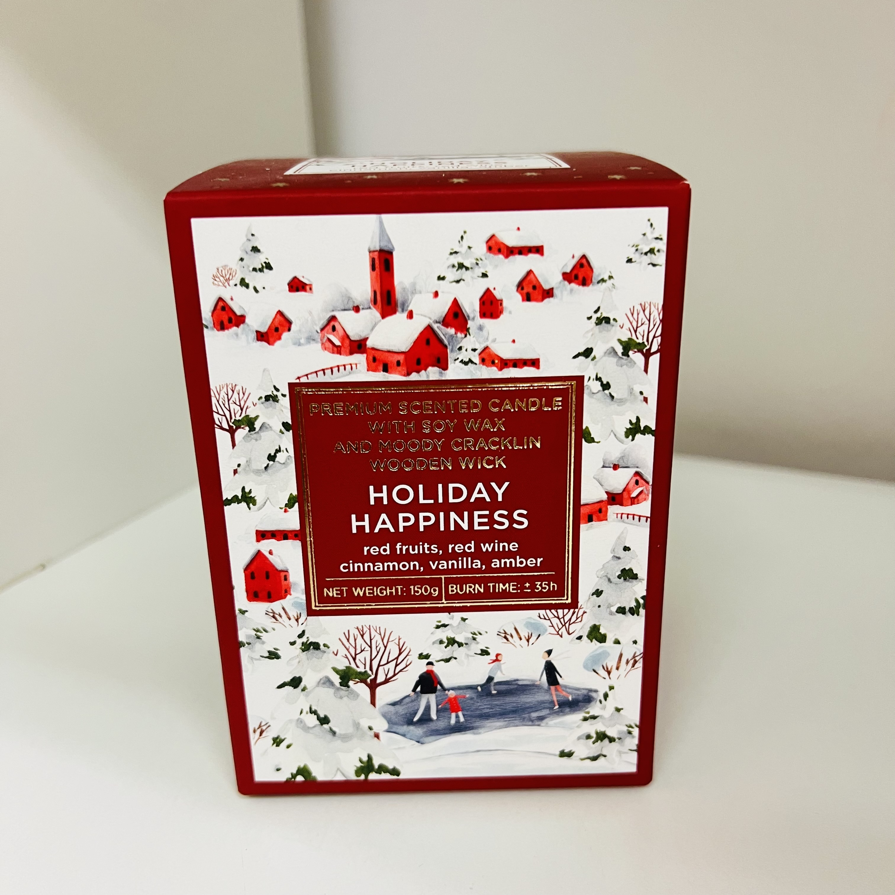 SVÍČKA VE SKLE V DÁRKOVÉM BALENÍ S DŘEVĚNÝM KNOTEM - HOLIDAY HAPPINESS