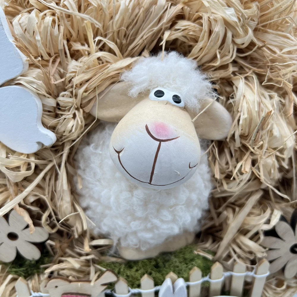 NOVÁ CENA - JARNÍ DEKORACE VĚNEC NA DVEŘE S FIGURKOU OVEČKY