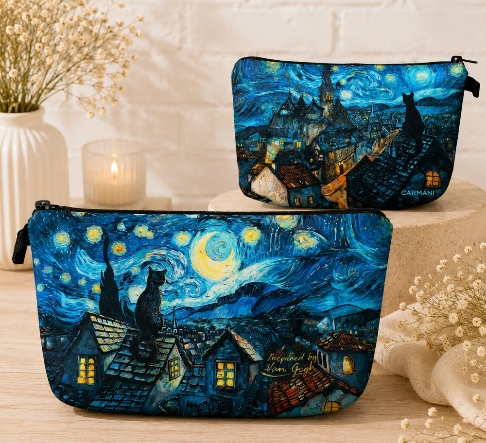 🌙 Kosmetická taška se zipem – volná inspirace Vincentem van Goghem 🐈💙