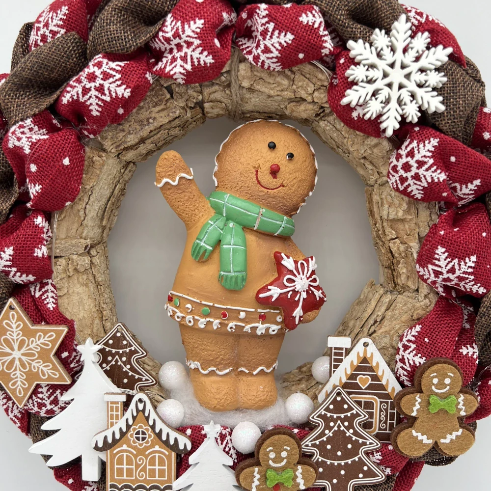 ZIMNÍ DEKORACE VĚNEČEK NA DVEŘE S FIGURKOU A OSVĚTLENÍM