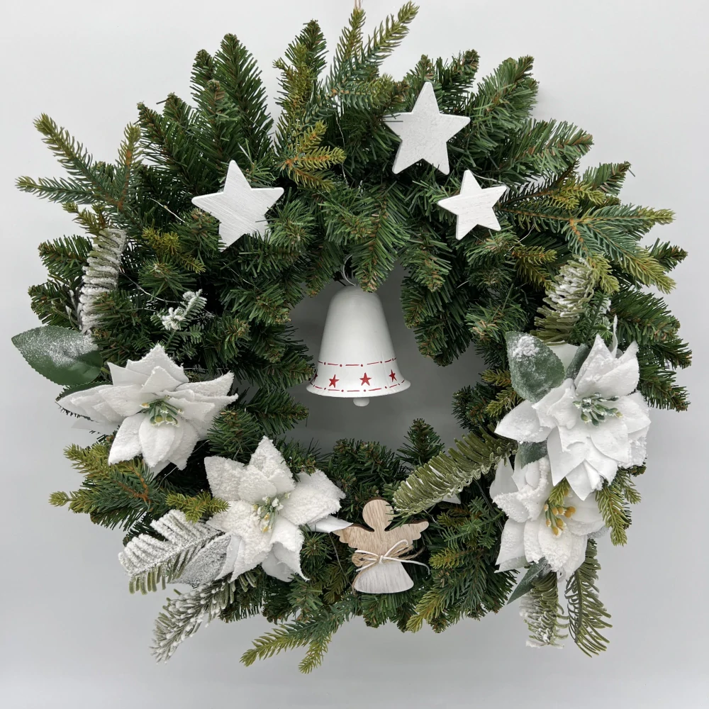 🌟 Svítící vánoční věnec „Bílá hvězda se zvonkem“