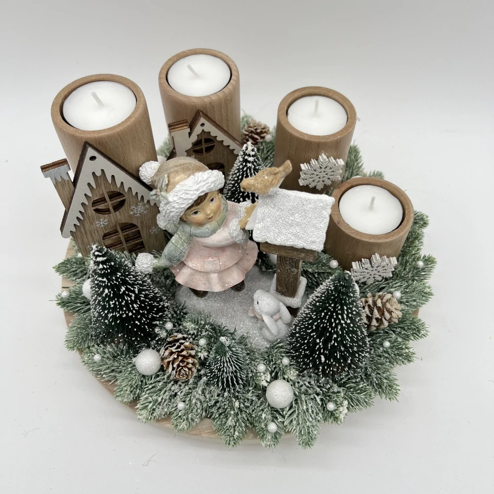 🎄 Adventní svícen s holčičkou a ptáčkem – zimní kouzlo domova 