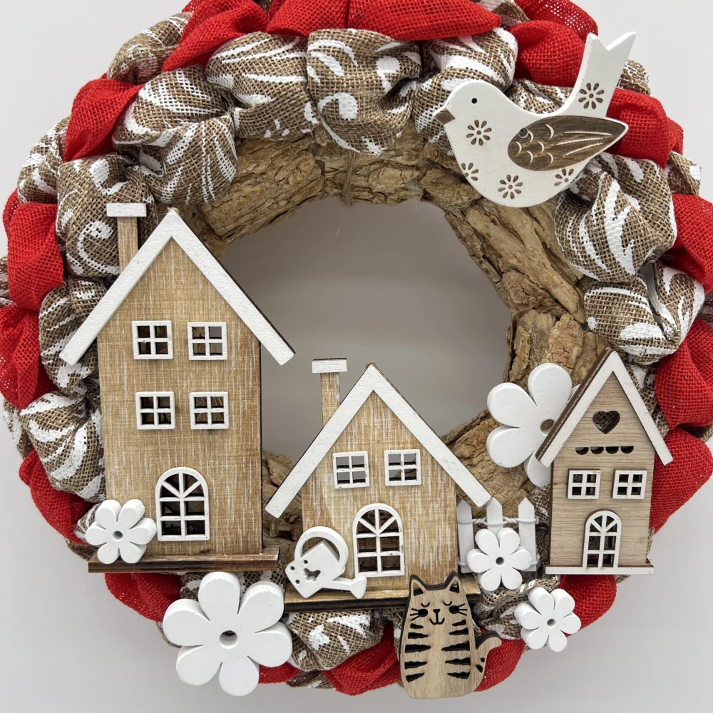 🏡 Věnec „Vesnička s kočičkou“ – přírodní s červenou jutou