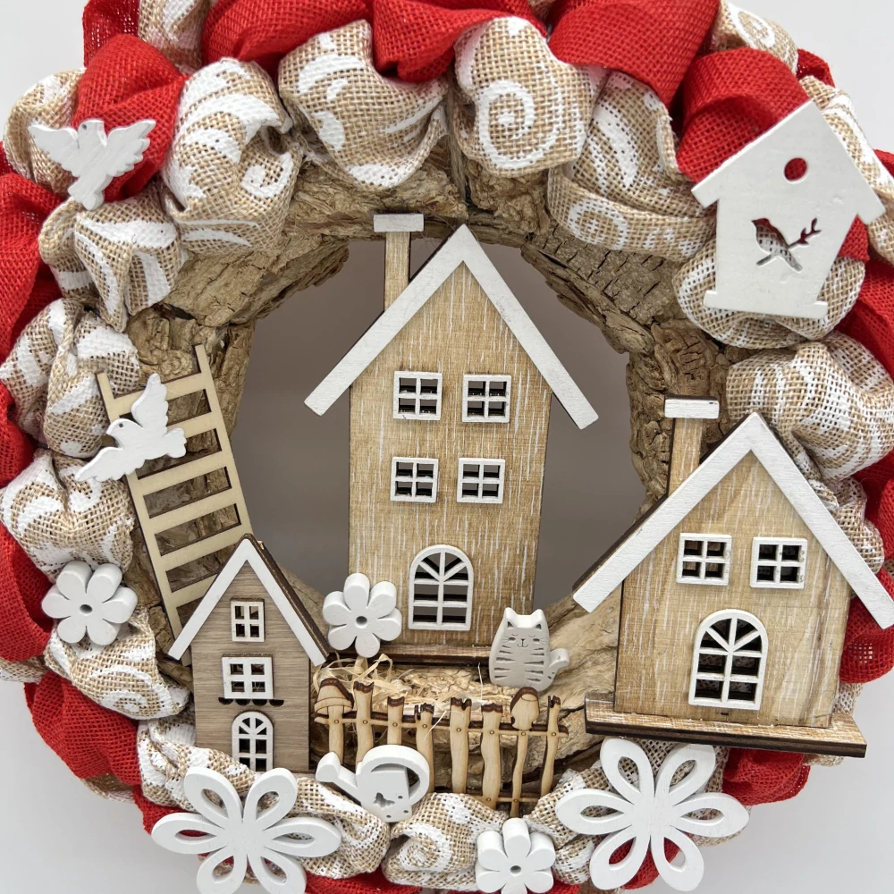 ❤️🏡 Věnec „Červená vesnička“ – rustikální dekorace na dveře
