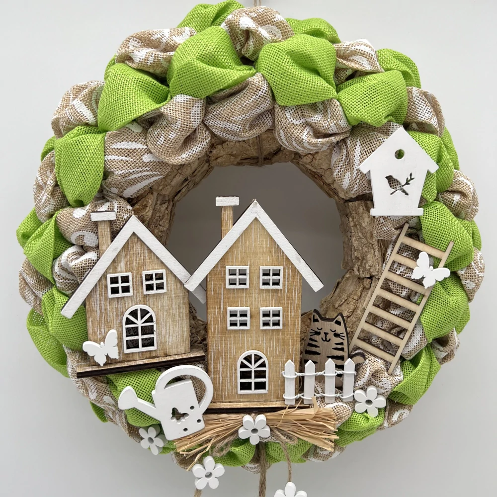 🌿🏡 Dekorační věnec s domečky – zelený rustikální styl 🏡🌿