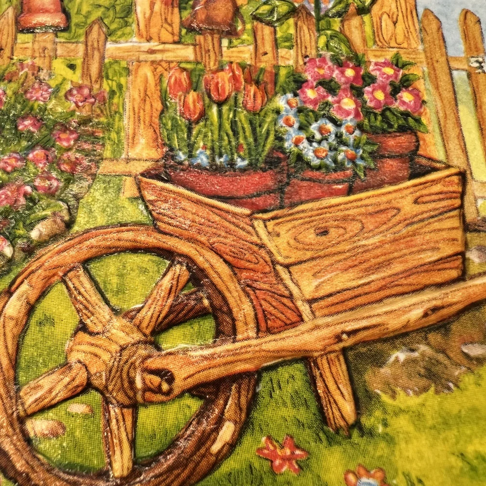 🌻 Zdobená keramická dlaždice – Zahrádka s trakařem 🌸✨